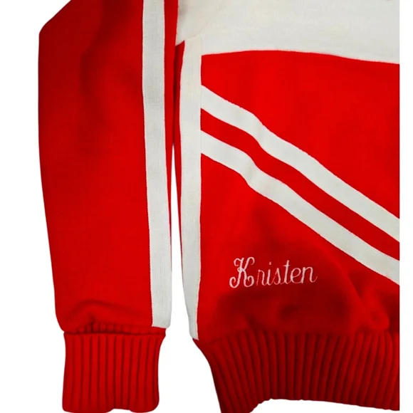 Vintage Varsity Cheerleader Sweater Red White Chevron Stripe Cougars Size S 80s - Picture 3 of 10